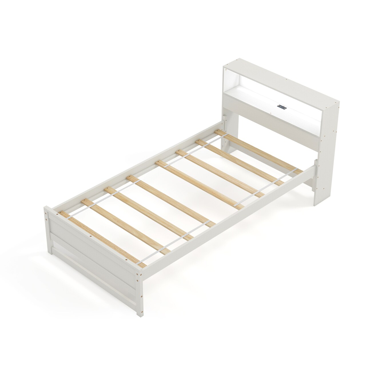 Wooden Twin Bed with Storage Headboard Charging Station LED Light and Under-bed Storage